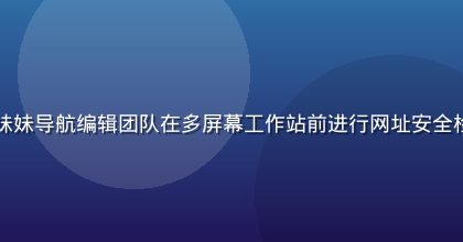 网站安全审核流程示意图，妹妹导航编辑团队在多屏幕工作站前进行网址安全检测，界面显示绿色通过标志